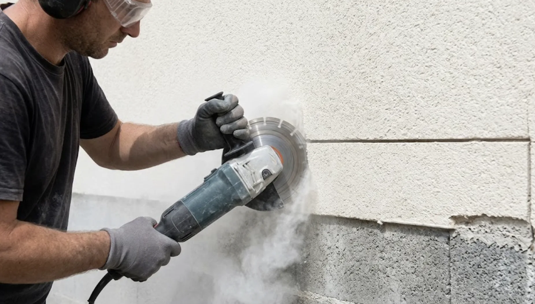 Personne utilisant une meuleuse avec disque diamant pour entailler horizontalement l'enduit crépi d'un mur, faisant apparaître le parpaing brut gris dessous